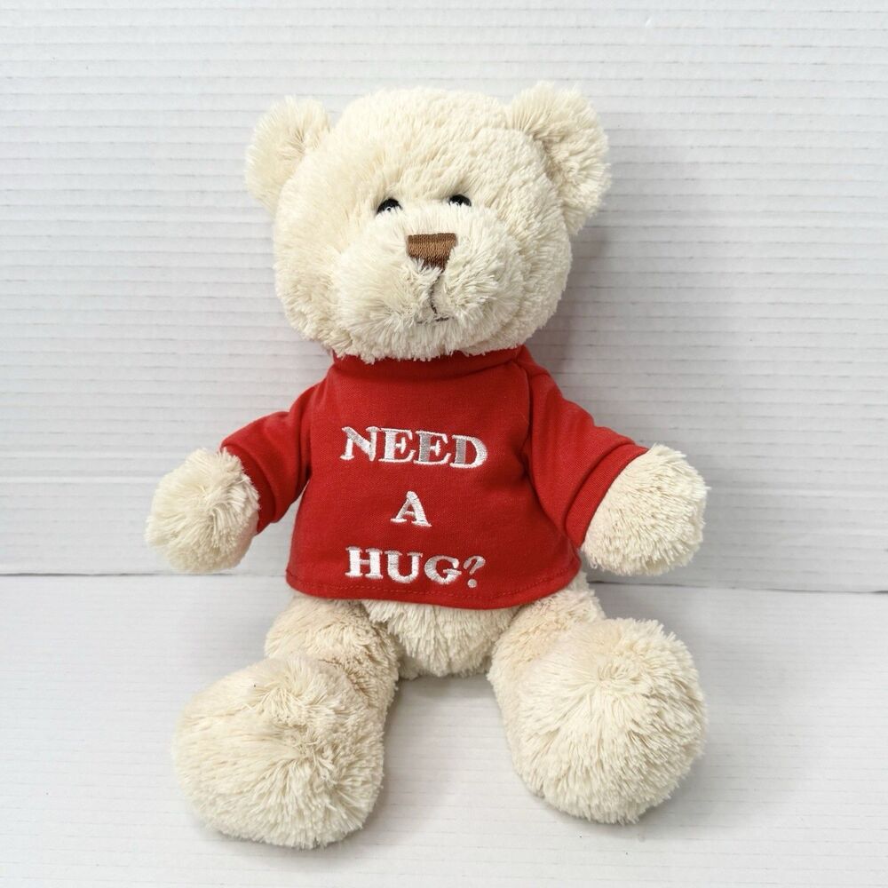 GUND Need A Hug Teddy Bear 12" Cream Plush Red Shirt‎ Bean Filled